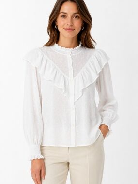 LOFT White Swiss Dot Ruffle Smocked high neck Blouse XL NWT Romantic Cottagecore